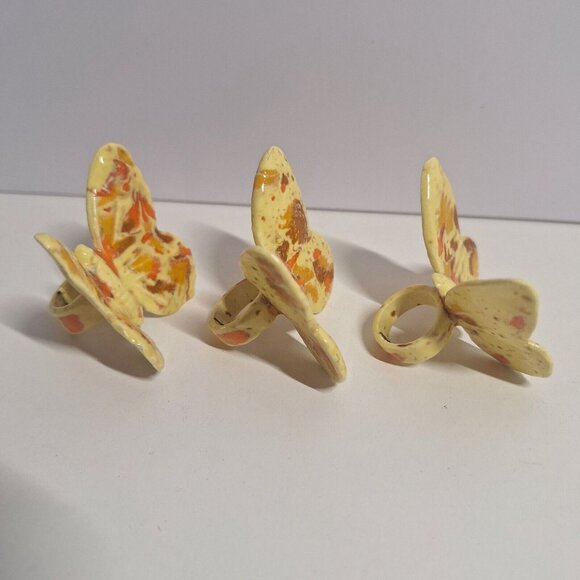 3 Vintage Yellow Butterfly Macrame Beads W Orange & Brown 1970s Butterflies Lot - Picture 4 of 7